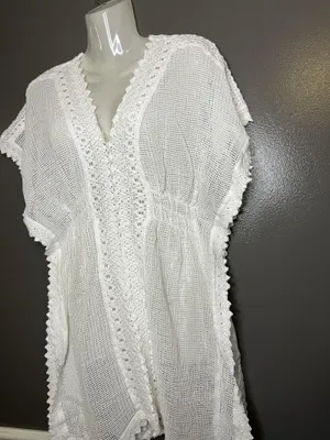 SeaSpice Cover Up Womens Medium White Crochet Mesh Lace Trim Beach Tunic Swim thumbnail 6