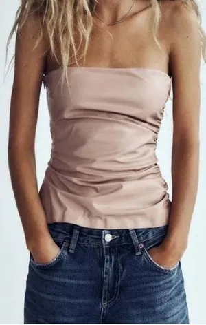 ZARA Faux Leather Ruched Sleeveless Top thumbnail 1
