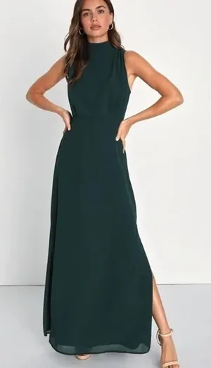 NWT Lulus Chiffon Sleeveless Highneck Key Hole Back Side Slit Maxi Dress M Green thumbnail 1
