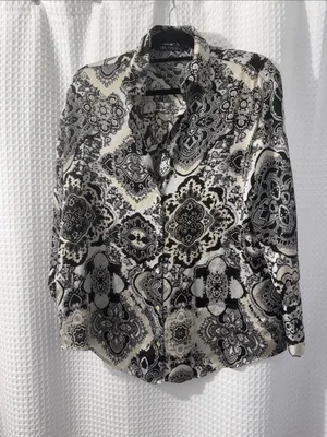Zara Silky Black Cream and White Design Collar Shirt Size Medium thumbnail 1