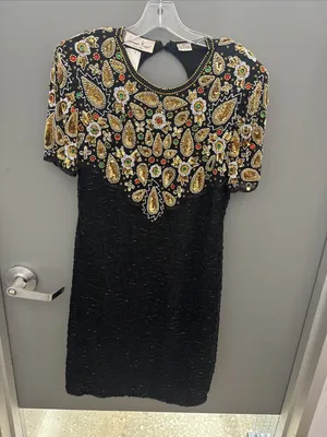 1980s Laurence Kazar NY Beaded Multicolor Bodice Dress Size L VTG 100 Silk 3989 thumbnail 4