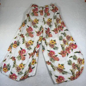 Salty Lemon Floral Wide‎ Leg Tulip Hem Pants White Pink Yellow Large Tropical thumbnail 12