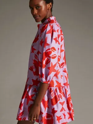 FARM RIO Red Starfish & Lobster Print Puff Sleeve Mini Dress Sz M thumbnail 3