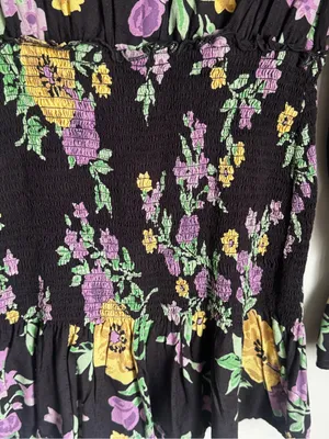Urban Outfitters Leandra Smocked Mini Dress Black Purple Floral Long Sleeve Sz M thumbnail 4