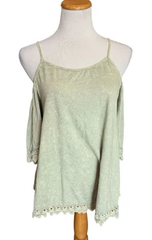 Womens Altard State Sage Green Acid Wash Cold Shoulder Lace Hem Top Blouse Sz M thumbnail 1
