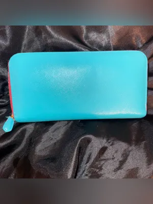 PRADA REWORK: Turquoise Saffiano Leather Bow Clutch with Gold Logo thumbnail 2