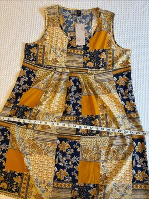 NEW! EMERY ROSE Boho Patchwork Swing Dress Mini Yellow Navy Blue Floral LARGE thumbnail 10