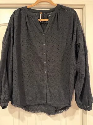 Free People Black Eyelet Button-Down‎ Peasant Blouse medium thumbnail 2