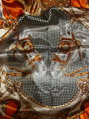 VINTAGE Equestrian ivory/ORANGE Horses&Tassels Print silky Scarf 35’/35’ thumbnail 10