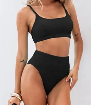 Cupshe Textured Black Scoop Neck High Waisted Bikini Set Size xl thumbnail 1