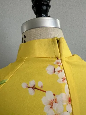 Ao Dai Silk Yellow Floral Dragon Print Long Sleeve Maxi Dress Size M thumbnail 6