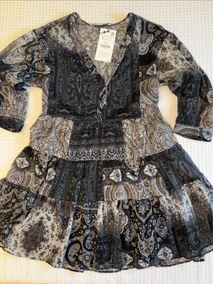 NEW! ZARA Black Gray Paisley Tiered Mini Dress SMALL Semi Sheer Balloon Sleeves thumbnail 3