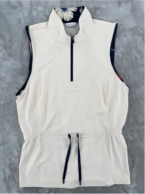 Lady Hagen Sleeveless Golf Shirt Beige Tropical Blue Trim Drawstring Waist Small thumbnail 2