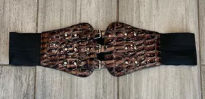 Vintage Wide Stretch Waist Belt Brown Croc Embossed Adjustable Triple Buckle 2X thumbnail 1