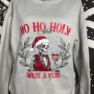 SheIn Ho Ho Holy $4!7 What A Year Beige Crew Neck Pullover Medium Sweater Christmas thumbnail 2
