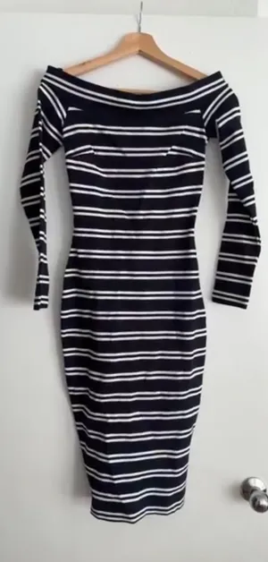 Bec & Bridge Striped Off The Shoulder Bodycon Dress Navy and White thumbnail 1