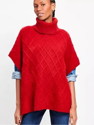 Loft Red Lattice Cable-Knit Turtleneck Sweater Poncho XS/S NWT thumbnail 1