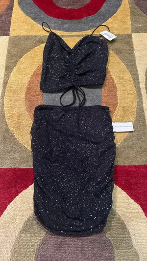 NWT Black Glitter Sparkly Two Piece Matching Set Crop Top Ruched Mini Skirt S thumbnail 1