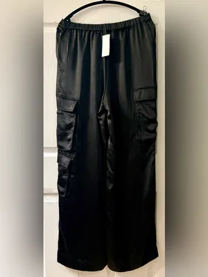 HYFVE Black Satin-Look Wide-Leg Cargo Dress Pants size L NWT thumbnail 2