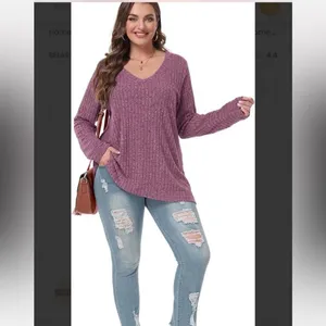 Belaroi plus size, ribbed V-neck, long-sleeve top in a mauve or purple-ish color thumbnail 2