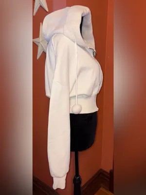 Women's White Hooded Zip Jacket with Pom Drawstrings thumbnail 2