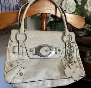 GUESS Cream Pebbled Leather Satchel with Signature G Hardware thumbnail 1