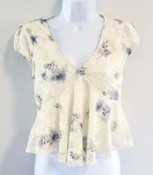 La Peche Ivory Blue Floral Lace Peplum Top Size M thumbnail 1