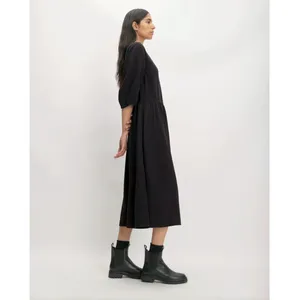 Everlane Tencel Puff Sleeve Dress Women L Black V Neck Midi Lagenlook Minimalist thumbnail 3