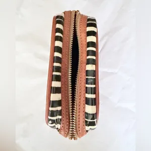 Tory Burch Black & White Striped Cosmetic Pouch Brown Logo Trim thumbnail 5