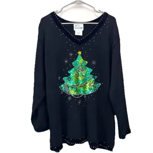 Quacker Factory Black Christmas‎ Tree Holiday V Neck Pullover Sweater Size 1X thumbnail 2