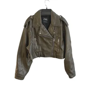 Zara Moto Jacket Women Small Olive Green Edgy Cropped Faux Leather Biker Coat thumbnail 2
