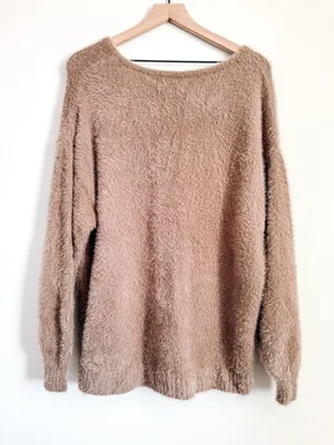 Old Navy Taupe Fuzzy Knit V Neck Sweater Soft Cozy Pullover Size S thumbnail 5