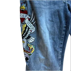 Womens Ed Hardy Denim Brave Heart True Eagle Embroidered Wide Leg Jeans - Sz 32 thumbnail 2