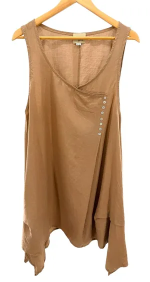 Yea 100% Linen Asymmetric Button Tunic Top Tan Brown Lagenlook Tank Vest L XL‎ thumbnail 1