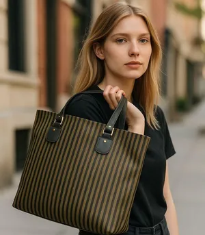 Ladies Large Tote Bag Purse ~ Khaki Green Tan & Black Stripe ~ Shopping HandBag thumbnail 1