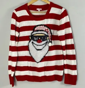 BONGO Vintage Santa ´s womens striped red-white Holiday Ugly Christmas sweater L thumbnail 1