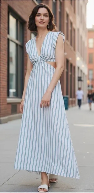NWT White House Black Market Blue White Striped Cutout Maxi Dress Double Stripe thumbnail 1