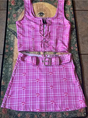 Dolls Kill bratz set Pink Plaid Lace-Up Crop Top & Belted Mini Skirt Set thumbnail 1