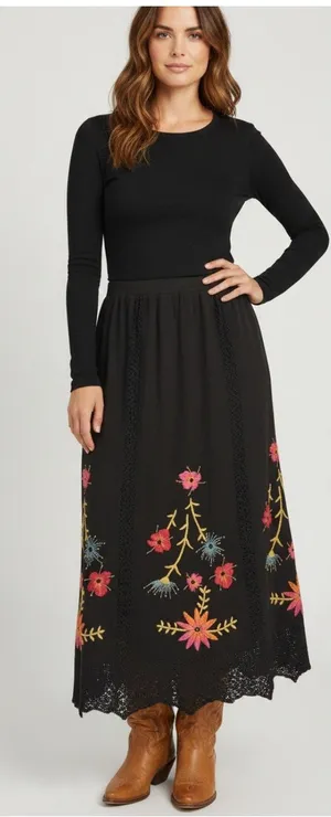 Double D Ranch Black Embroidered Floral Maxi Skirt Lace Hem size Medium thumbnail 1