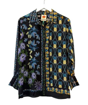 NWT Farm Rio Winter Garden Black Pajama Shirt Button Front Top Floral Size S thumbnail 1