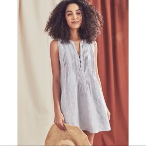 Faherty Isha 100% Linen Dress Blue Mini Stripe Pintuck WDS2119-BMT Bestseller thumbnail 2