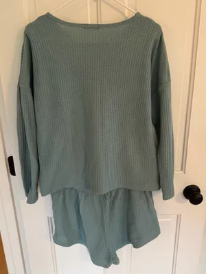 Ekouaer Waffle Knit Lounge Set Long Sleeve Top Shorts Sage Green Large thumbnail 2