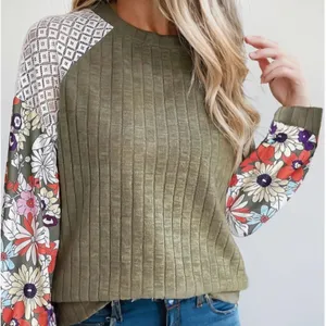 Olive Green Floral Patchwork Blouse Ribbed Lace Balloon Sleeve Whimsigoth XL thumbnail 2