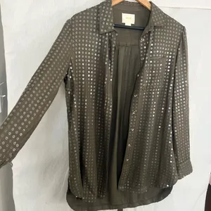 Anthropologie Maeve Olive Green Button Down Sequin Shirt Size XS thumbnail 4