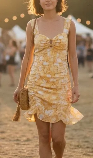 Louna Yellow Floral Ruched Mini Slip Dress XS Cotton Vacation Designer $200 thumbnail 1