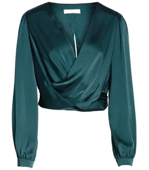 Nordstrom Astr The Label emerald green Satin Crop Faux Wrap long sleeve Top thumbnail 1