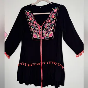 Embroidered Black Tassel Boho Pompoms Detail Mini Dress Womens Hippie Size M thumbnail 2