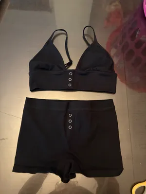 NWOT Ribbed Black Bralette & Boyshort Set with Snap-Ring Accents thumbnail 2