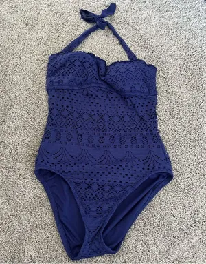 Mossimo Supply Co. Navy Blue Eyelet Lace Crochet One Piece Swimsuit Sz Small thumbnail 1