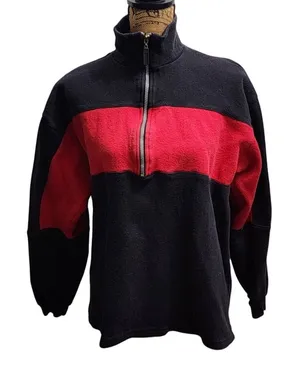 Fleece Pullover Quarter Zip Color Block Activewear Top Black‎ Red M thumbnail 1